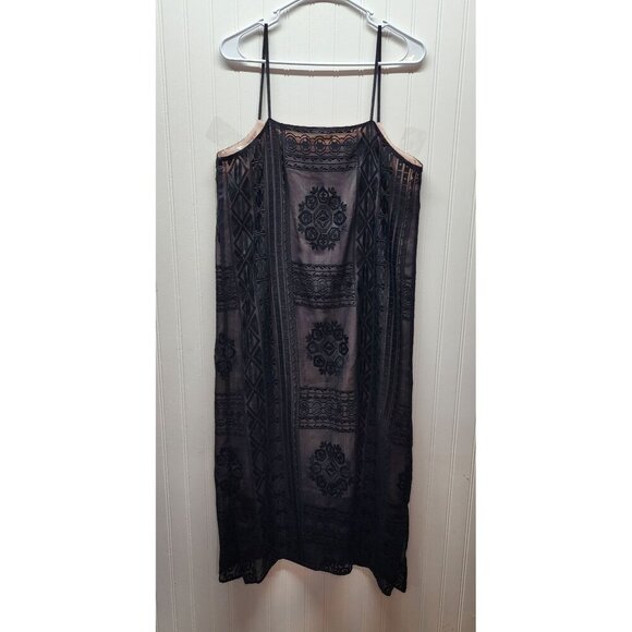Anthropology Black Sheer Embroidered Slip Dress With Spaghetti Straps By Floreat - Picture 5 of 9
